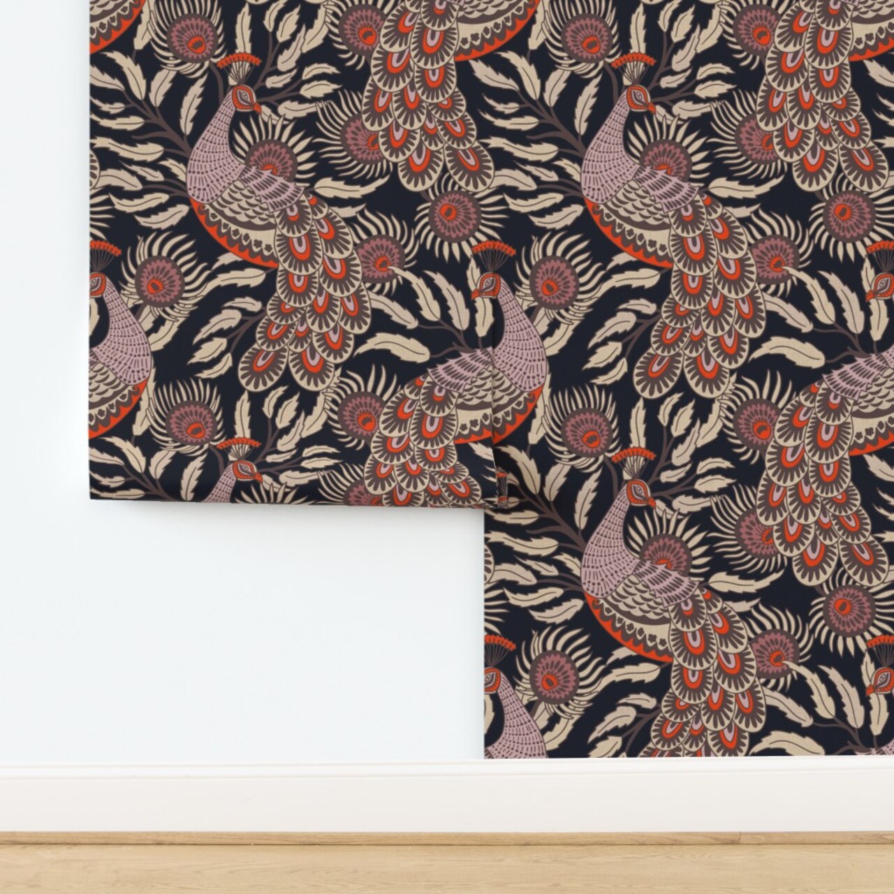 Boho Maximalist Bird Animal Feathers Peacock Floral Glam Leaves Garden Modern Farmhouse Boho Glam Bohemian Eclectic Abstract Exotic Exotic Custom Pre-pasted Wallpaper by Spoonflower Pre-Pasted Wallpaper 2FT Wide